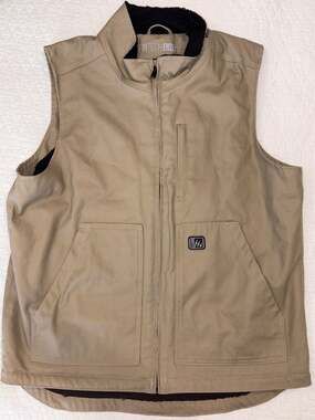 Fintech Men’s Large Tan Sherpa Lined Canvas Work Vest Full Zip Utility Pockets